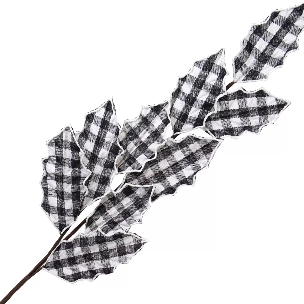 Christmas Forever SPRAY LEAVES FABRIC HOLLY 27″ BLK/WHT HOLY PLAID W/ GLITTER BORDER