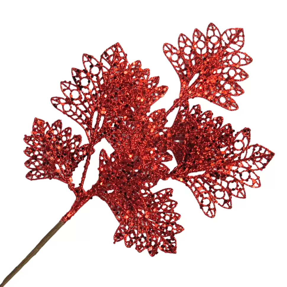 Christmas Forever SPRAY LEAVES FAN SHAPE 18″ RED GLITTER