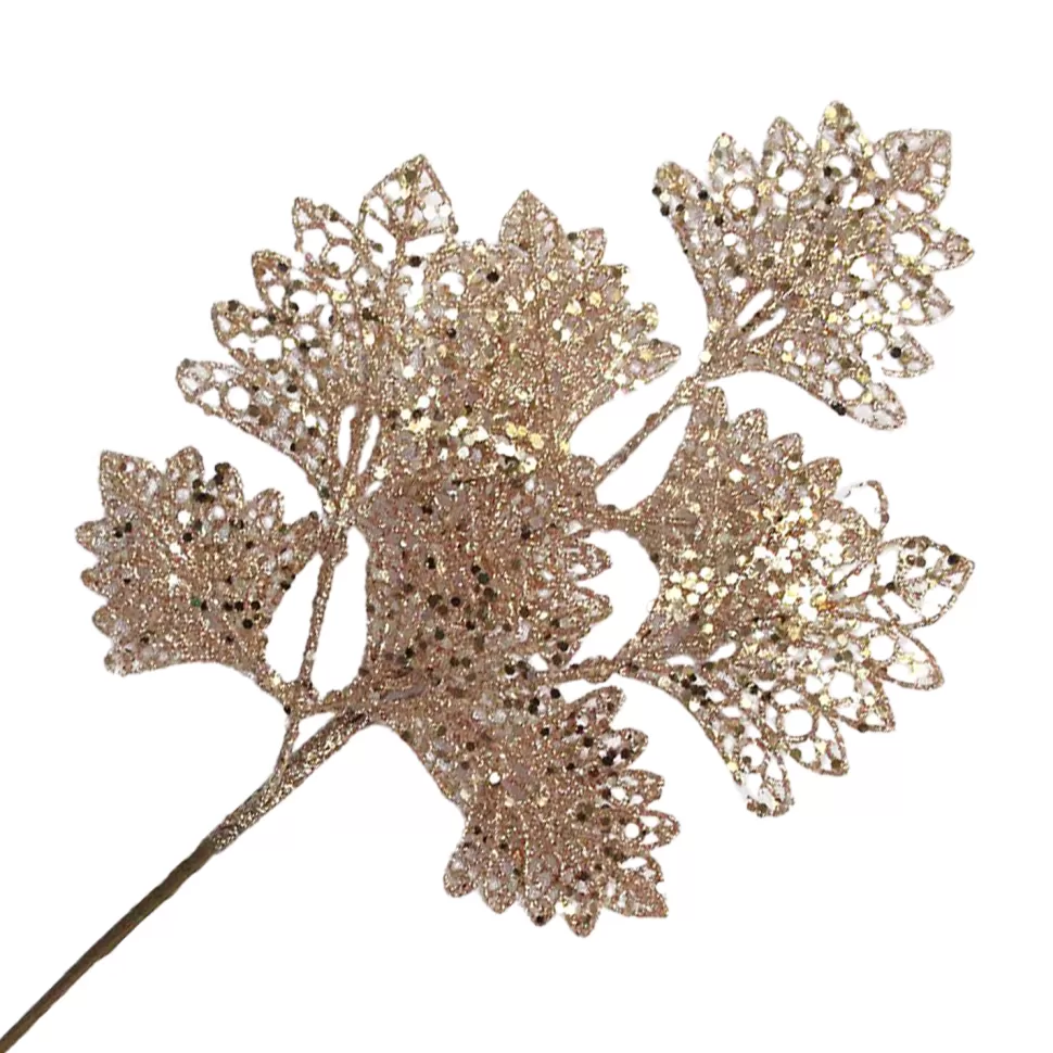 Christmas Forever SPRAY LEAVES FAN SHAPE 18″ WHITE/ROSE GOLD GLITTER