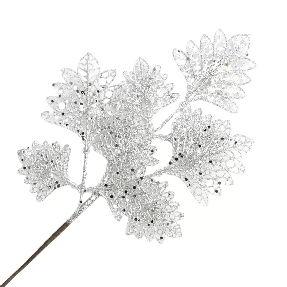 Christmas Forever SPRAY LEAVES FAN SHAPE 18″ WHITE/SILVER GLITTER
