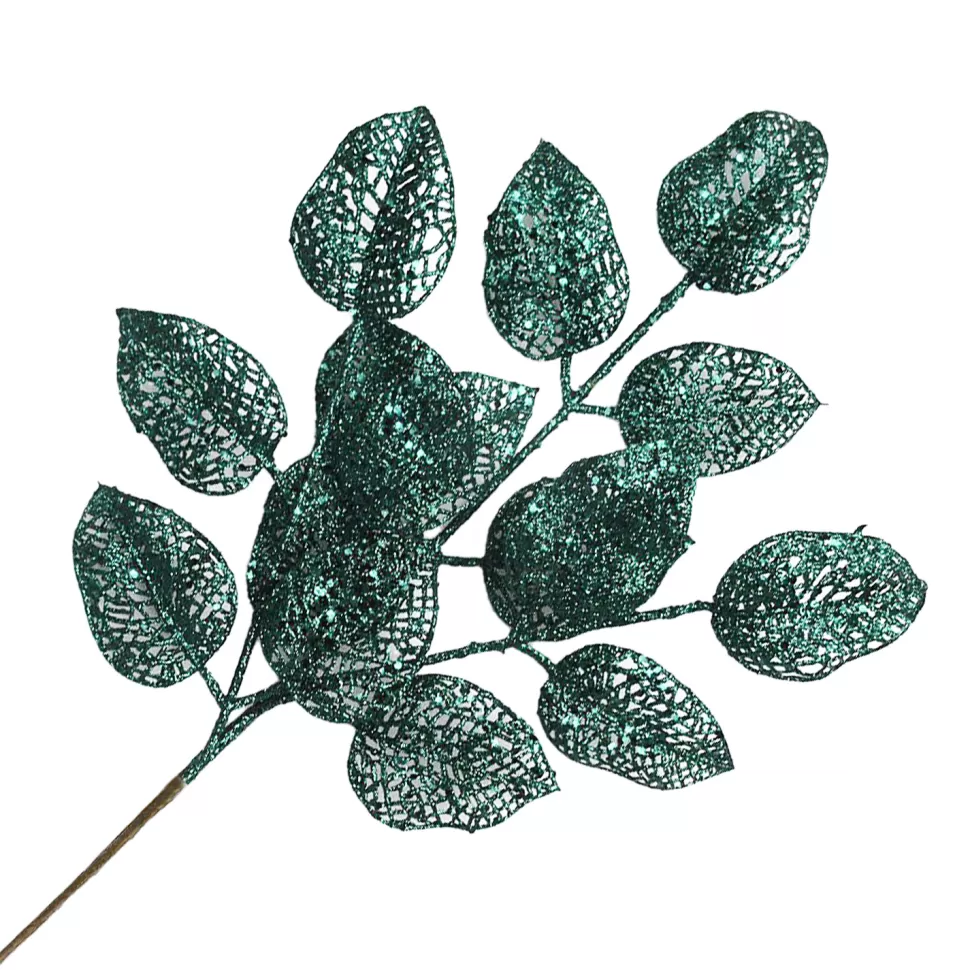 Christmas Forever SPRAY LEAVES ROSE 22″ EMERALD GREEN GLITTER