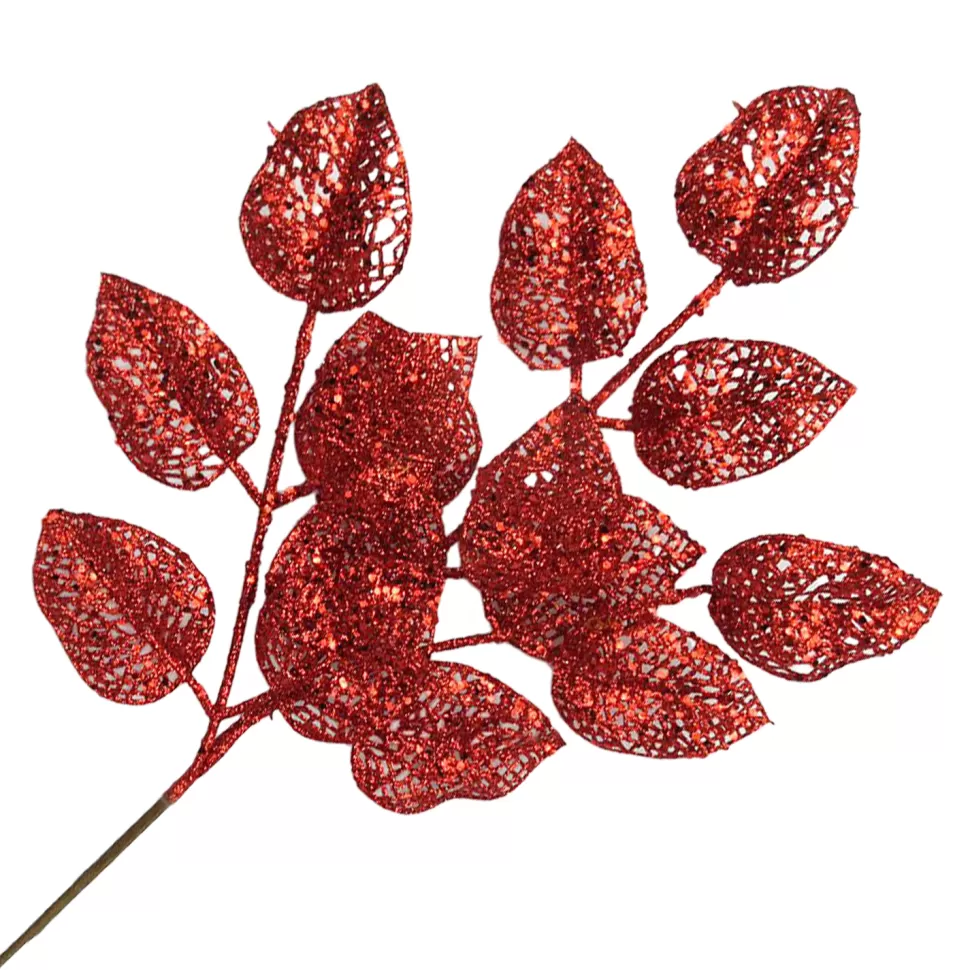 Christmas Forever SPRAY LEAVES ROSE 22″ RED 22″ GLITTER