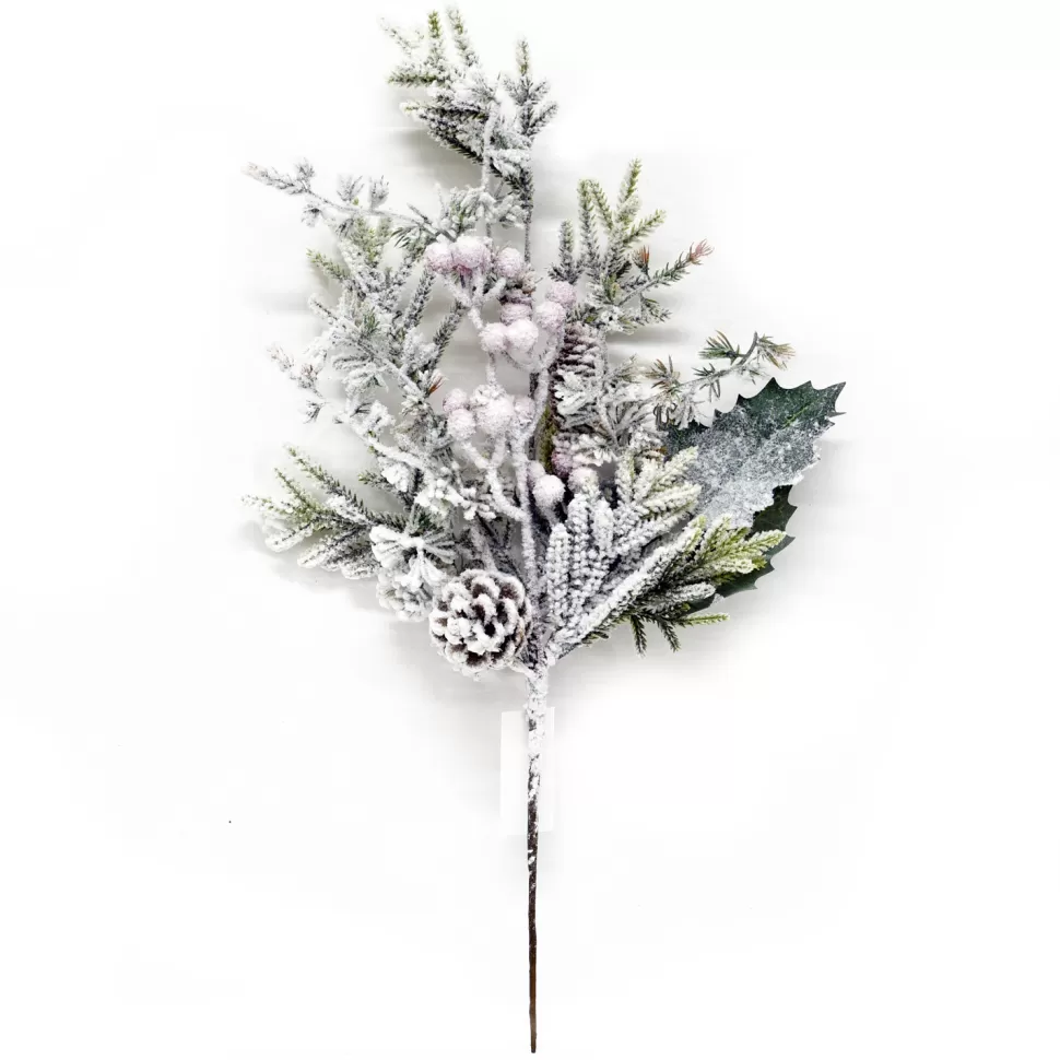 Christmas Forever SPRAY PINE FLOCKED 20″ FLOCKED MIXED GREENS W/ BERRIES & 2 PINE CONES