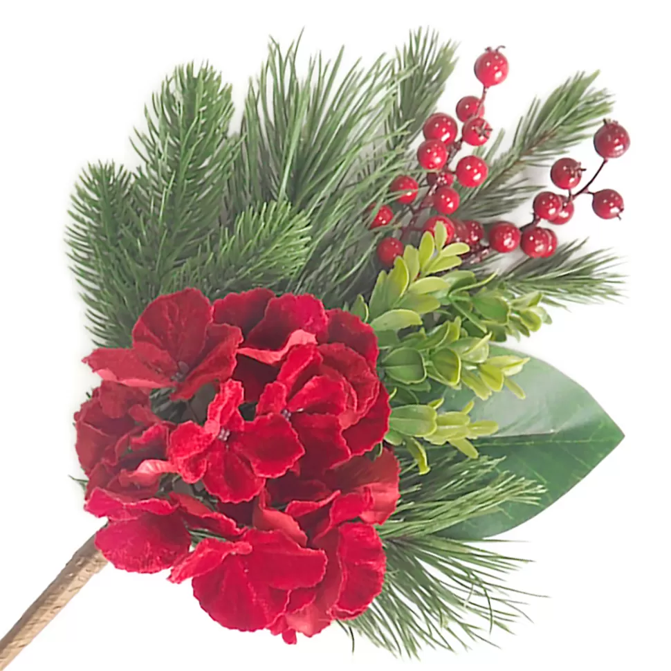 Christmas Forever SPRAY RED HYDRANGEA 16″ /LOTUS POD W/ MIXED GREENERY & RED BERRIES