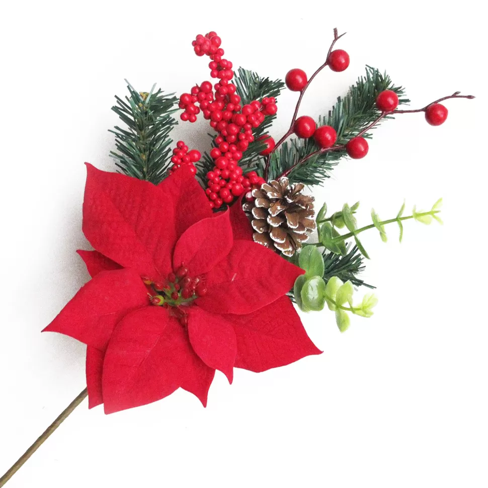 Christmas Forever SPRAY RED POINSETTIA 16″ BERRY, EUCALYTUS, CONE