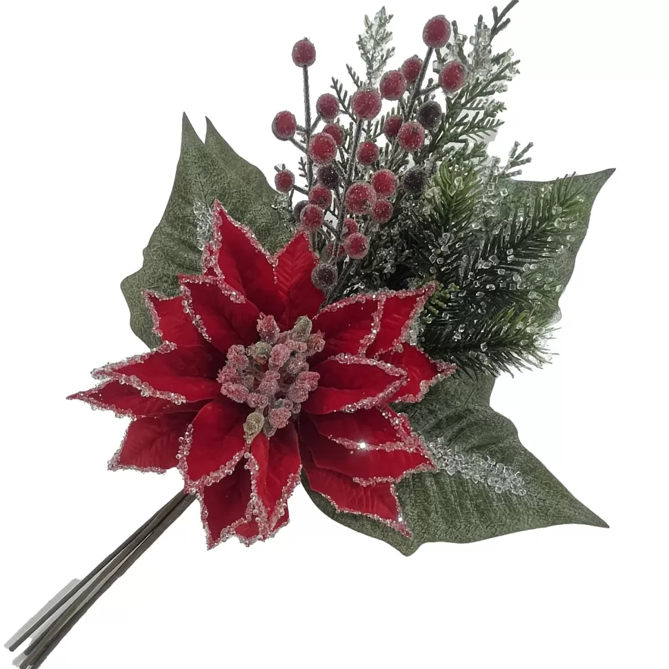 Christmas Forever SPRAY RED POINSETTIA 20″ DLX VELVET W/ICED EDGE, MIXED GREENERY & ICED RED ERRIES