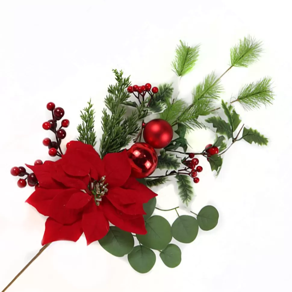 Christmas Forever SPRAY RED POINSETTIA 32″ GRN PINE, BERRY & BALLS W/ MIXED GREENERY