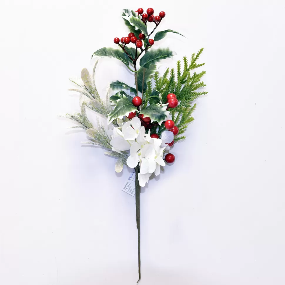 Christmas Forever SPRAY WHITE HYDRANGEA 17″ MIXED GREEN W/ RED BERRIES