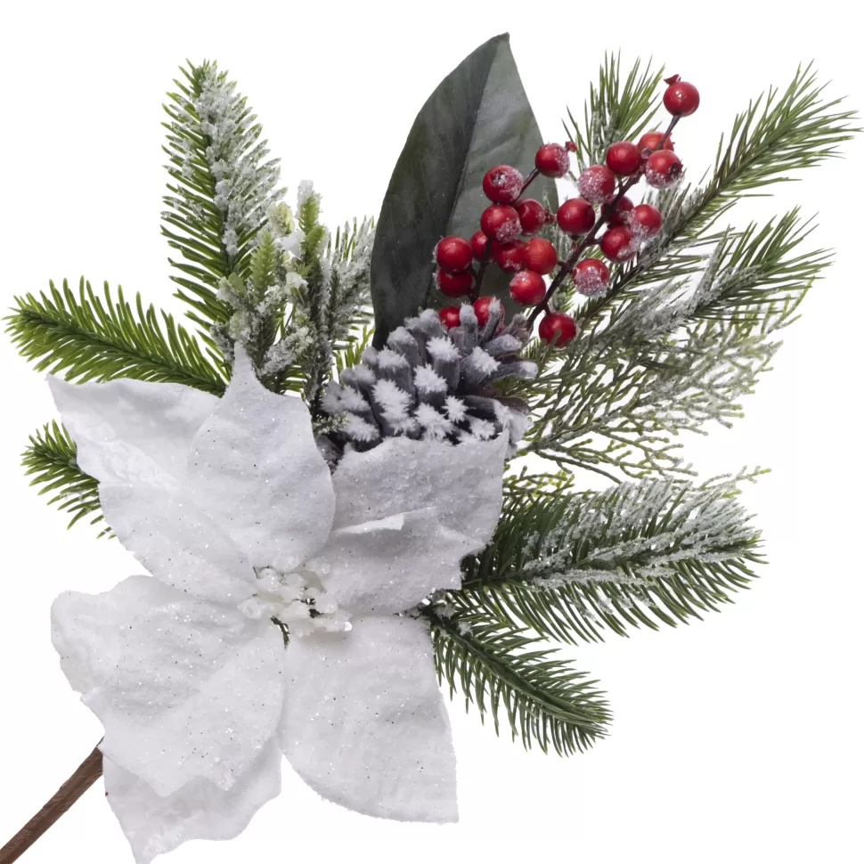 Christmas Forever SPRAY WHITE POINSETTIA 16″ FROASTED W/ MIXED GREENS & RED BERRIES