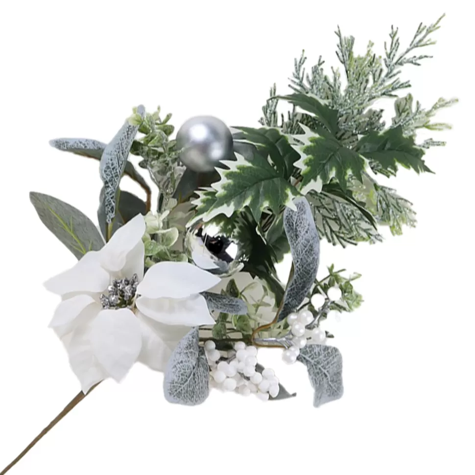 Christmas Forever SPRAY WHITE POINSETTIA 24″ MIXED GREENERY W/ PINECONES & SILVER BALLS