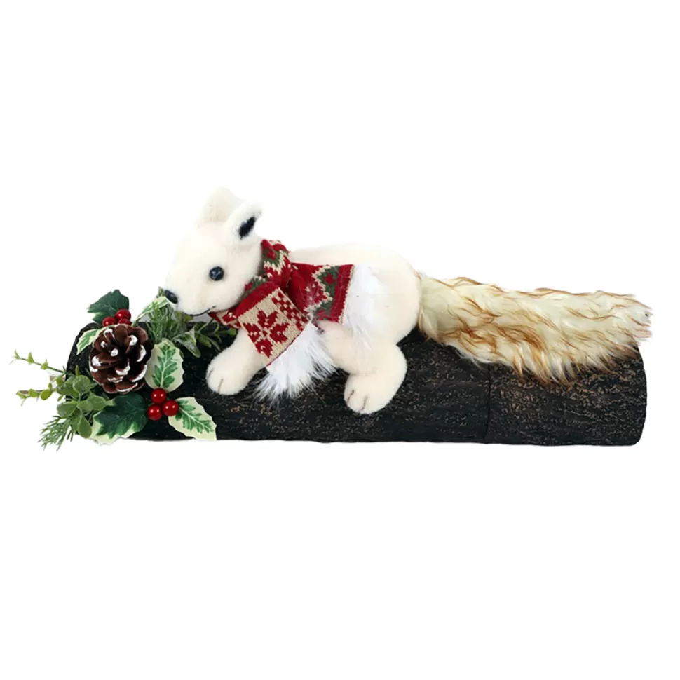 Christmas Forever SQUIRREL BEIGEON A LOG W/ NORDIC SCARF, HOLLY & BERRIES 7.5″ WHT/GREEN/RED