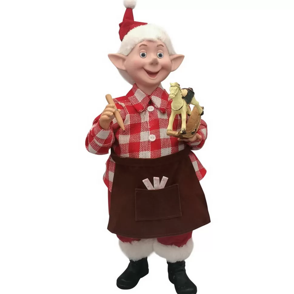 Christmas Forever STANDING ELF 15″ RED/ WHITE CARPENTER HOLDING ROCKING HORSE