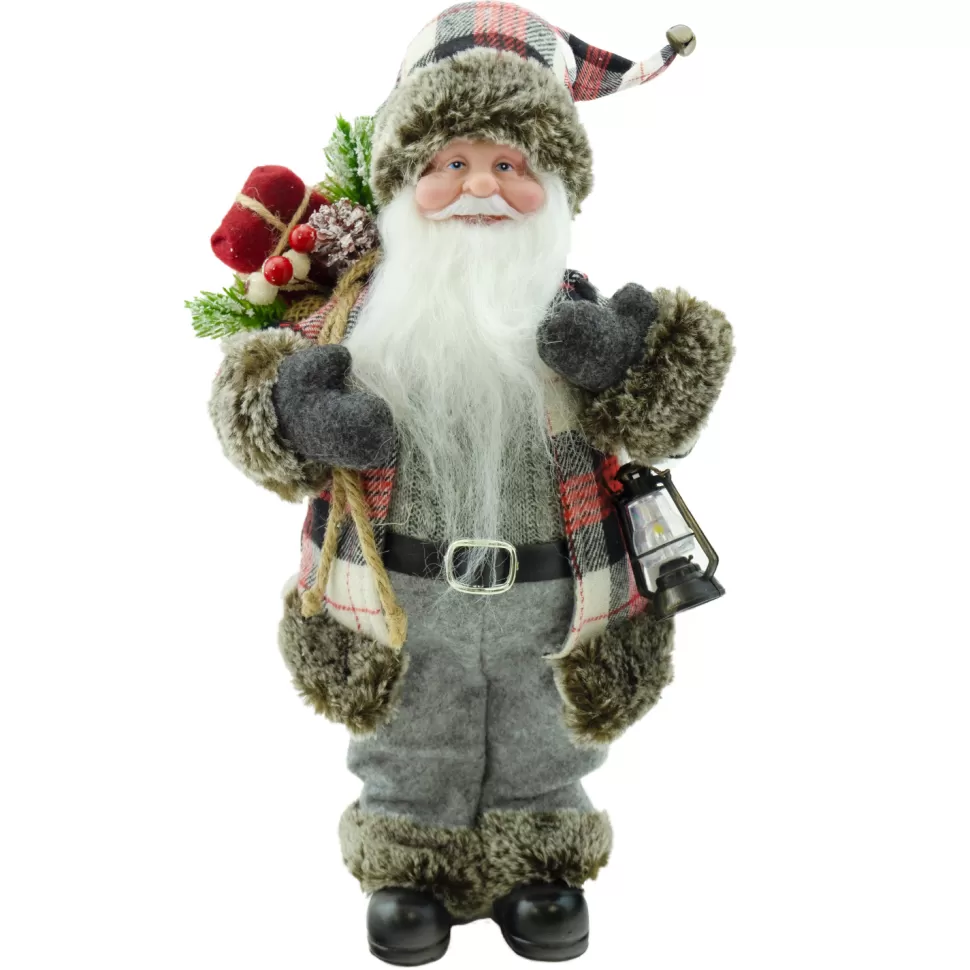 Christmas Forever STANDING SANTA 12″ GRAY/RED COAT W/ GIFT SACK & LANTERN