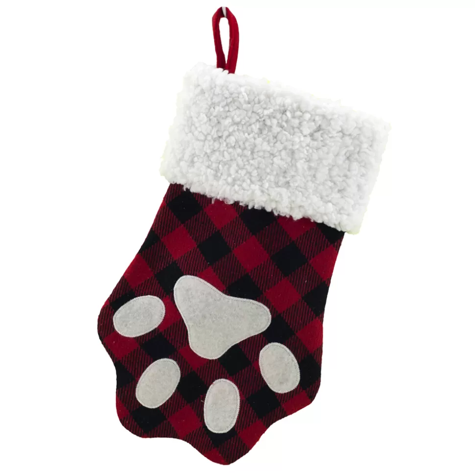 Christmas Forever STOCKING 13″ PET PAW RED/BLACK BUFFALO PLAID W/ SHERPA CUFF