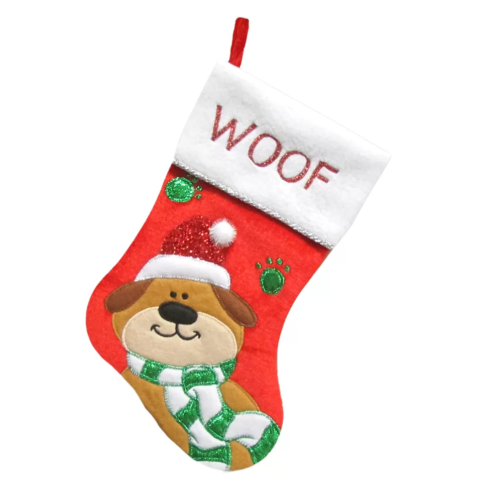 Christmas Forever STOCKING 13″ RED VELVET W/ METALLIC DOG APPLIQUE, FLEECE CUFF W/ EMBROIDERY & METALLIC CORD