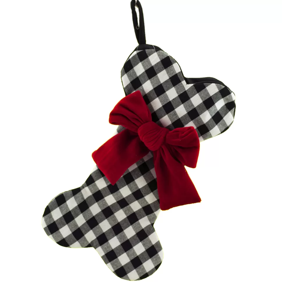 Christmas Forever STOCKING 14″ PET DOG BONE BLK/WHT W/ RED BOW