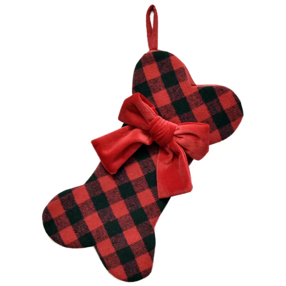 Christmas Forever STOCKING 14″ PET DOG BONE RED/BLACK PLAID BONE W/ RED VELVET BOW