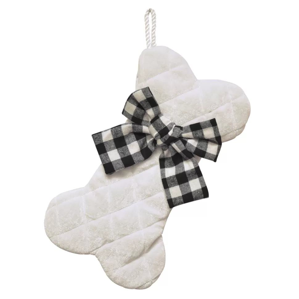 Christmas Forever STOCKING 14″ PET DOG BONE WHITE VELVET QUILTED W/ BLK/ WHT PLAID BOW