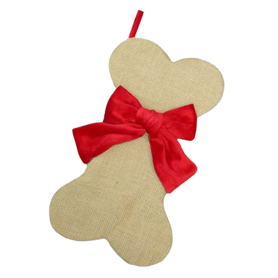 Christmas Forever STOCKING 14″ TAN BURLAP W/ VELVET BOW, DOG BONE DESIGN