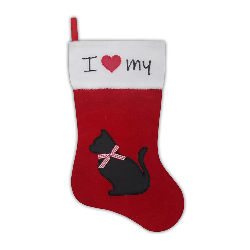 Christmas Forever STOCKING 18.5″ RED VELVET PET- CAT W/ APPLIQUE & BOW, FAUX FUR CUFF-
