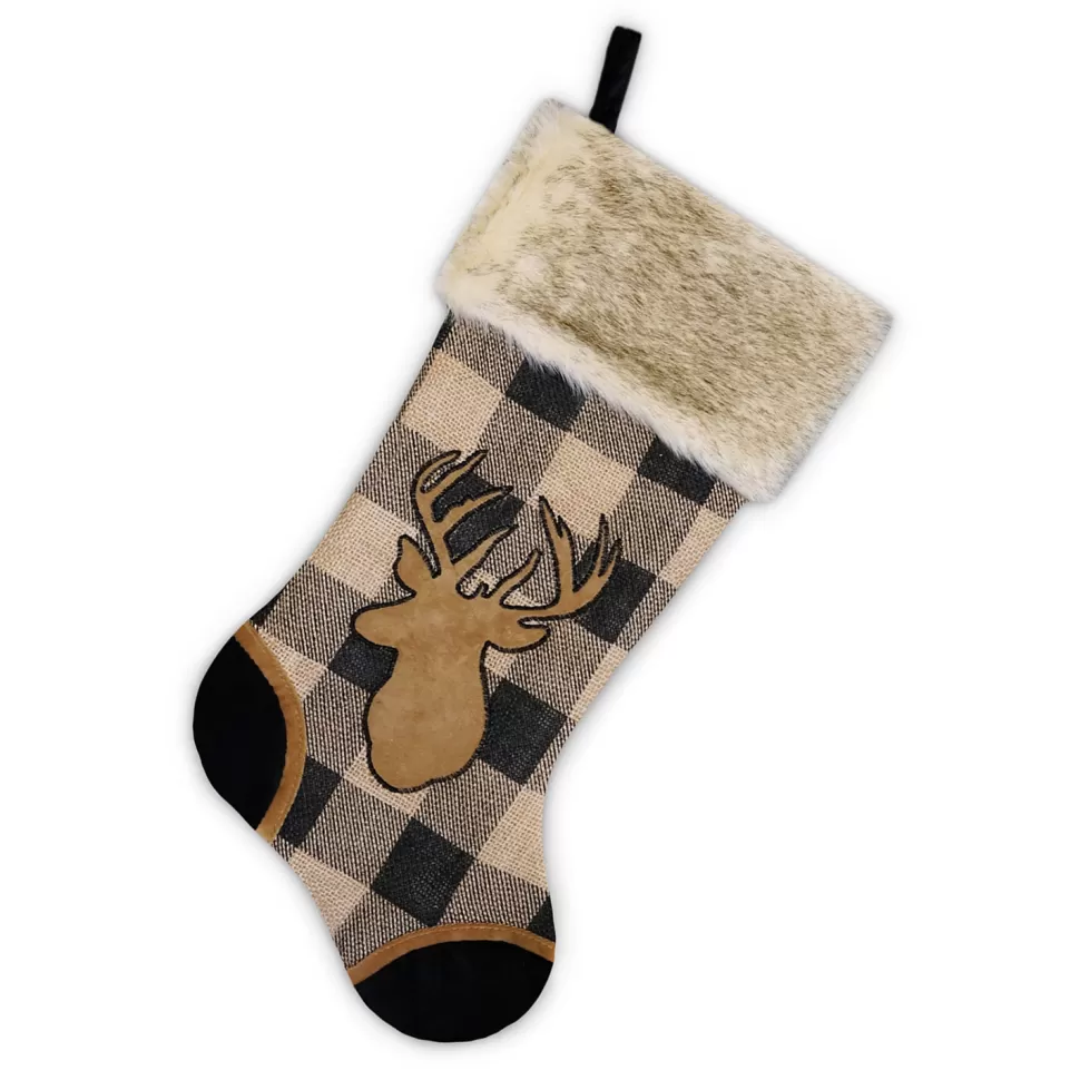 Christmas Forever STOCKING 20.5″ BLACK/ BEIGE BURLAP PLAID & CORDUROY WITH FAUX FUR CUFF- DEER