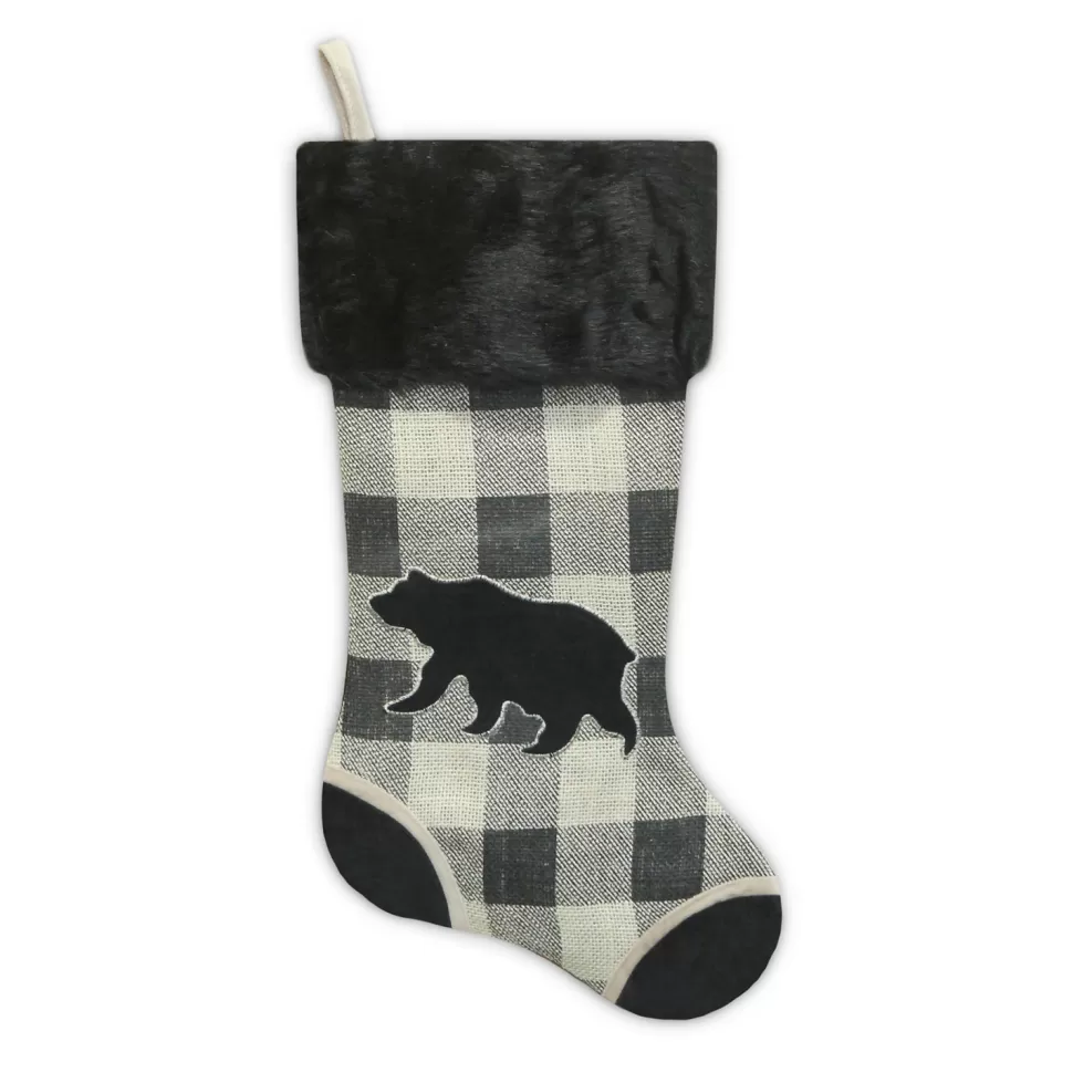 Christmas Forever STOCKING 20.5″ BLACK/ CREAM BURLAP PLAID & SUEDE WITH FAUX FUR CUFF- BEAR