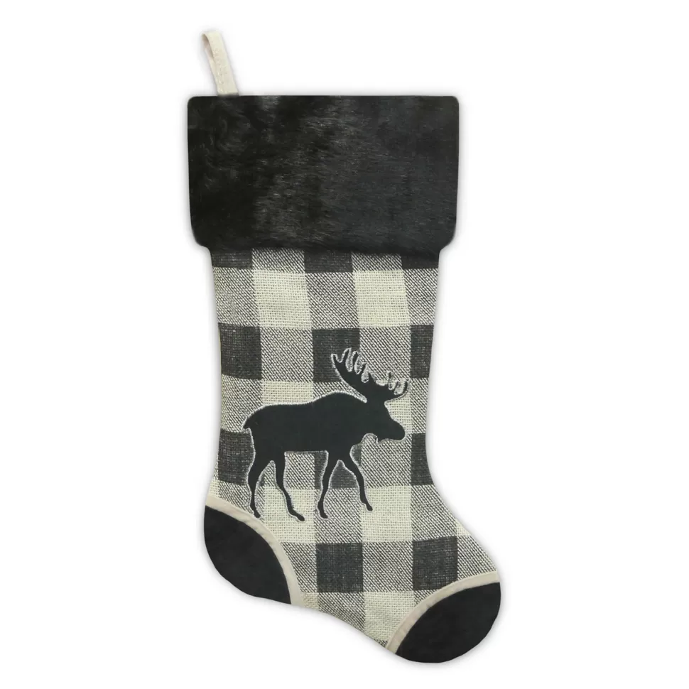 Christmas Forever STOCKING 20.5″ BLACK/ CREAM BURLAP PLAID & SUEDE WITH FAUX FUR CUFF- MOOSE