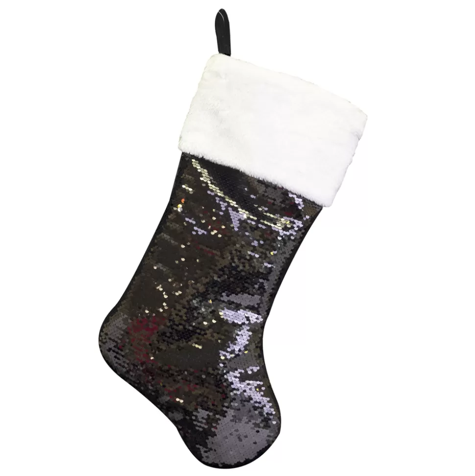 Christmas Forever STOCKING 20.5″ BLACK/ GOLD REVERSIBLE WITH WHITE FUR CUFF