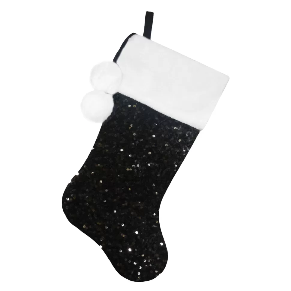 Christmas Forever STOCKING 20.5″ BLACK SEQUINS W/ FAUX FUR CUFF & POM POMS