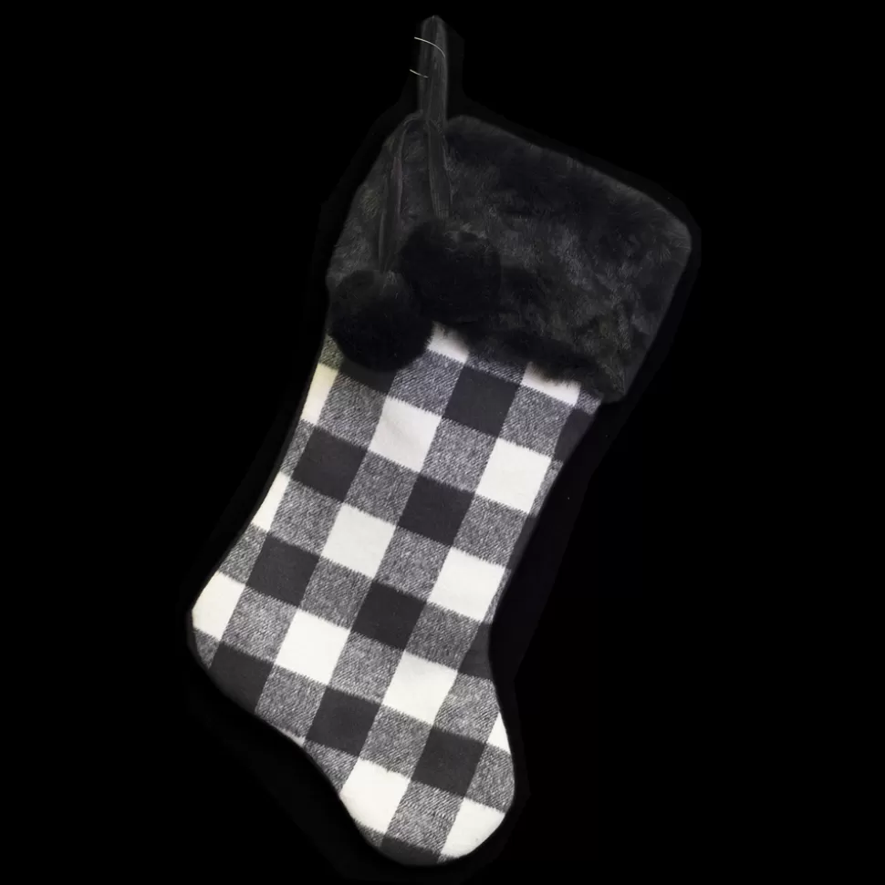 Christmas Forever STOCKING 20.5″ BLACK/ WHITE PLAID W/BLACK FAUX FUR CUFF AND POM POMS