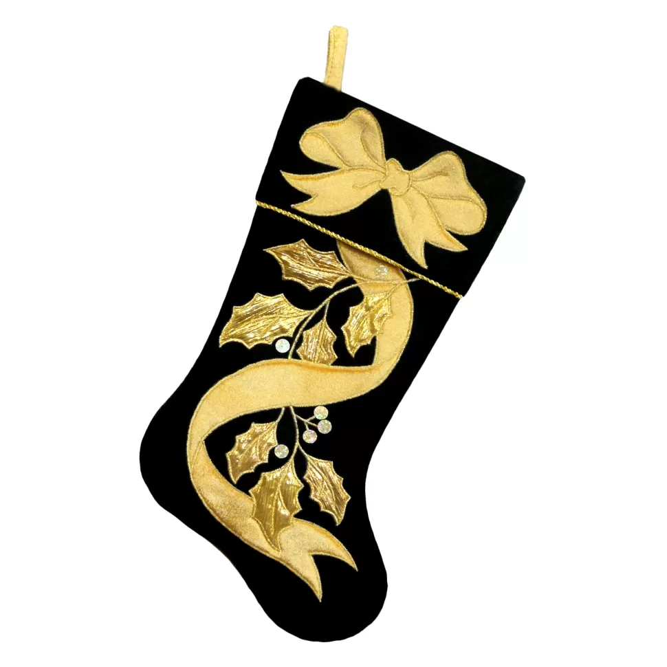 Christmas Forever STOCKING 20.5″ BLACK/GOLD VELVET W/ METALLIC RIBBON/HOLLY EMBROIDERY, VELVET CUFF