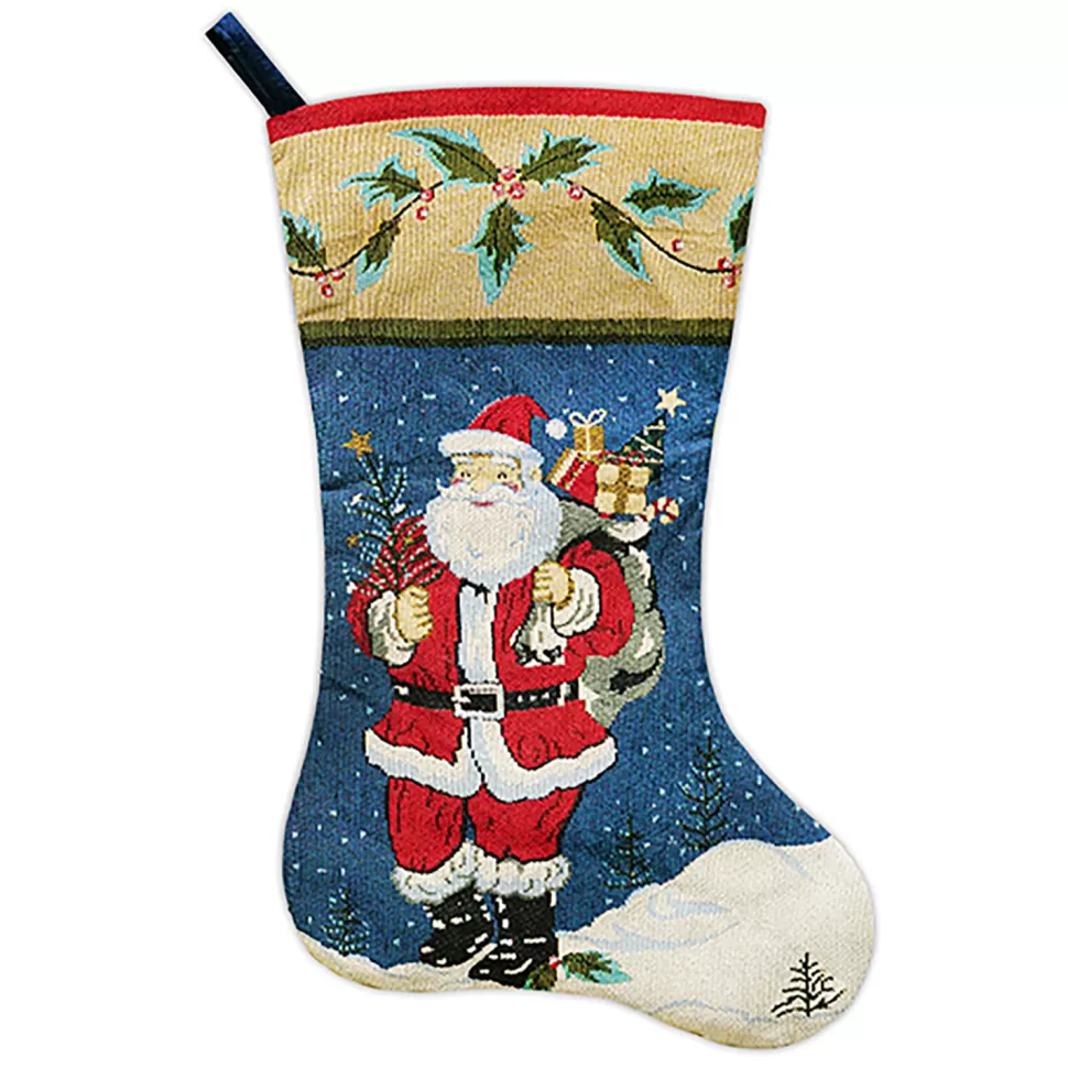 Christmas Forever STOCKING 20.5″ BLUE TAPESTRY SANTA DESIGN