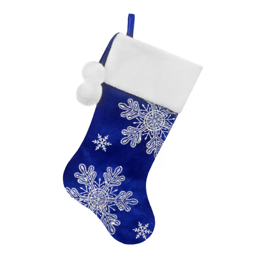 Christmas Forever STOCKING 20.5″ BLUE VELVET W/ IRID. SNOWFLAKES SEQUINS EMBROIDERY, FAUX FUR CUFF W/ POM POMS