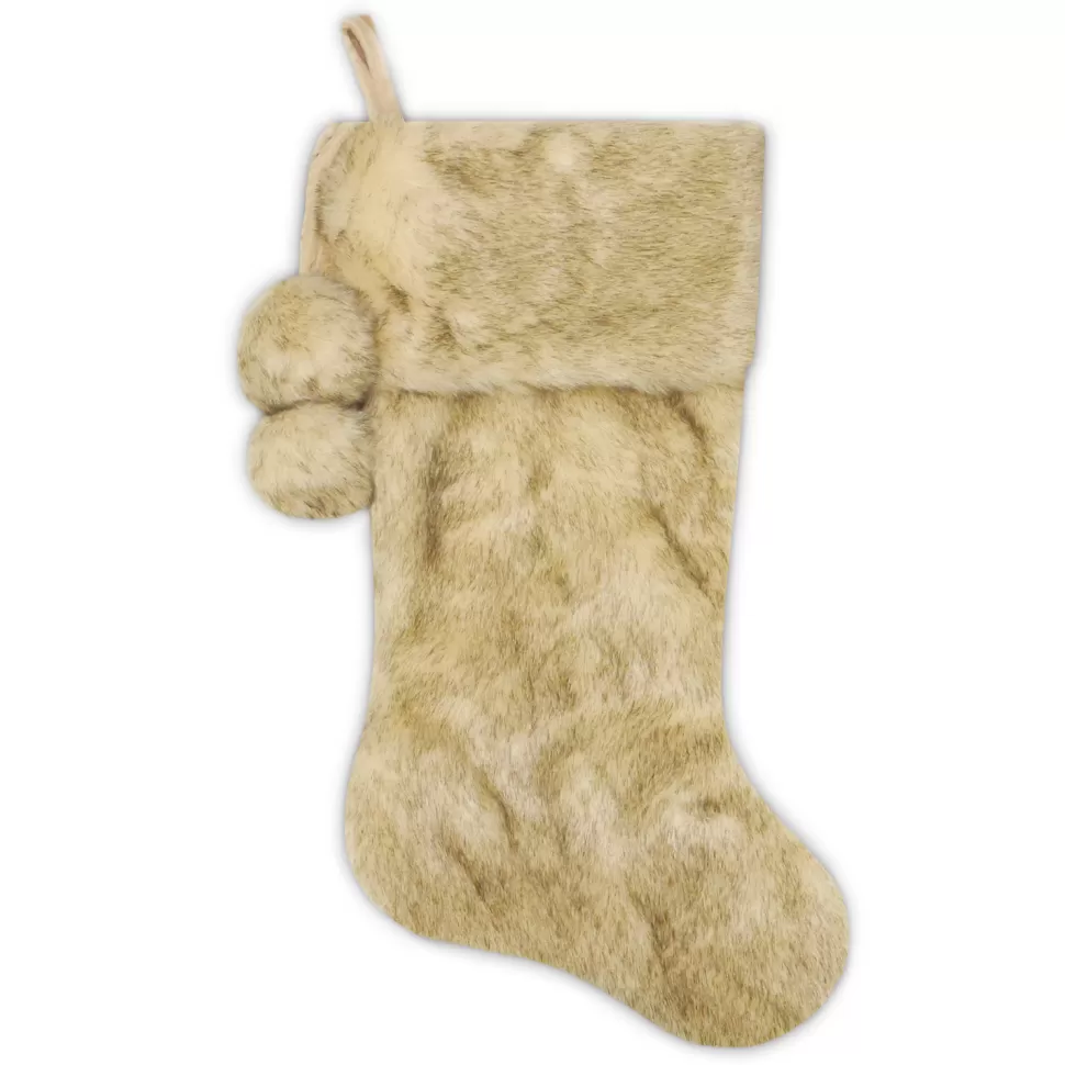 Christmas Forever STOCKING 20.5″ DELUXE ALL BEIGE FAUX FUR WITH FAUX FUR POMS POMS