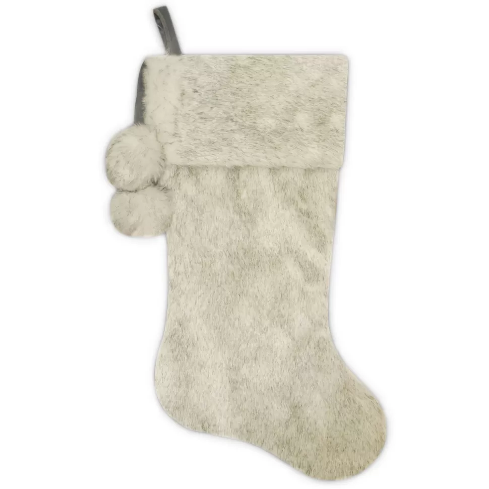 Christmas Forever STOCKING 20.5″ DELUXE ALL GRAY FAUX FUR WITH FAUX FUR POMS POMS