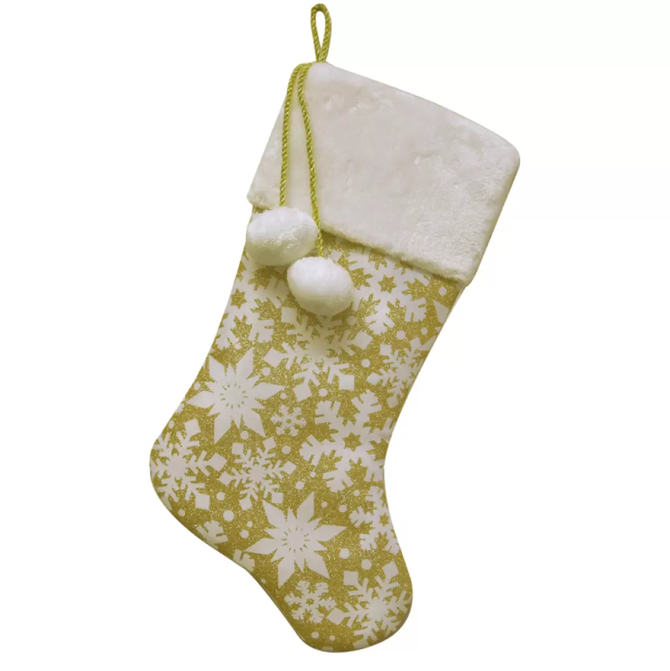 Christmas Forever STOCKING 20.5″ GOLD GLITTER W/ SNOWFLAKES, FAUX FUR CUFF & POMPOMS