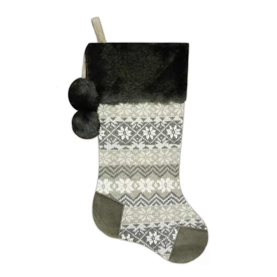 Christmas Forever STOCKING 20.5″ GRAY KNITTED & SUEDE, FAUX FUR CUFF W/ POM POMS