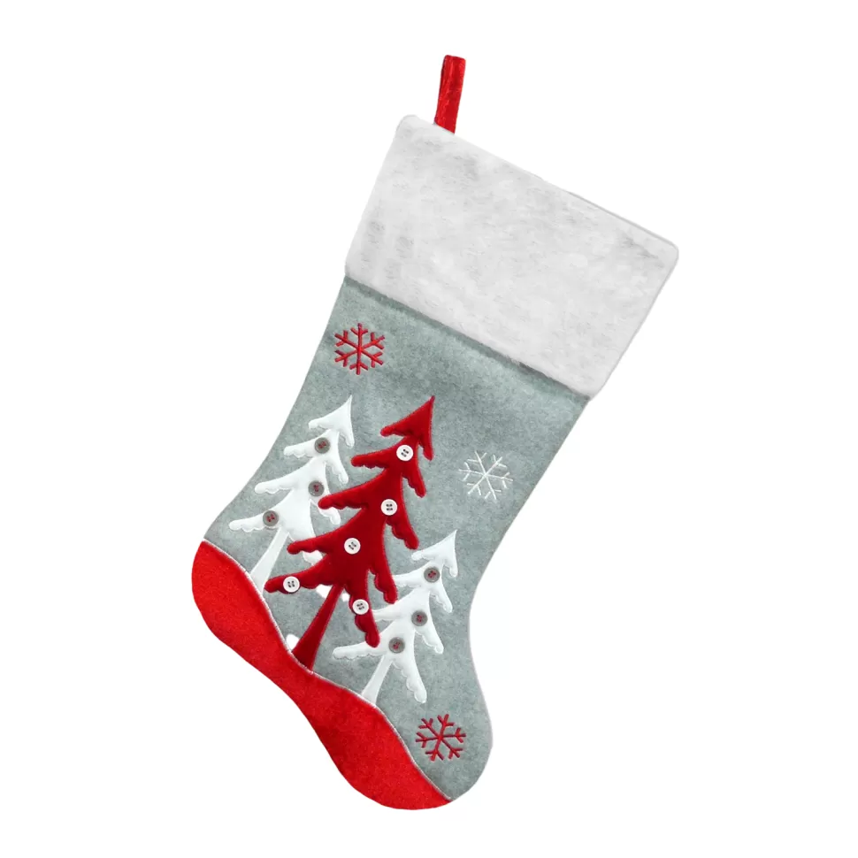 Christmas Forever STOCKING 20.5″ GRAY/WHITE FLEECE W/ FAUX FUR CUFF, TREE EMBROIDERY