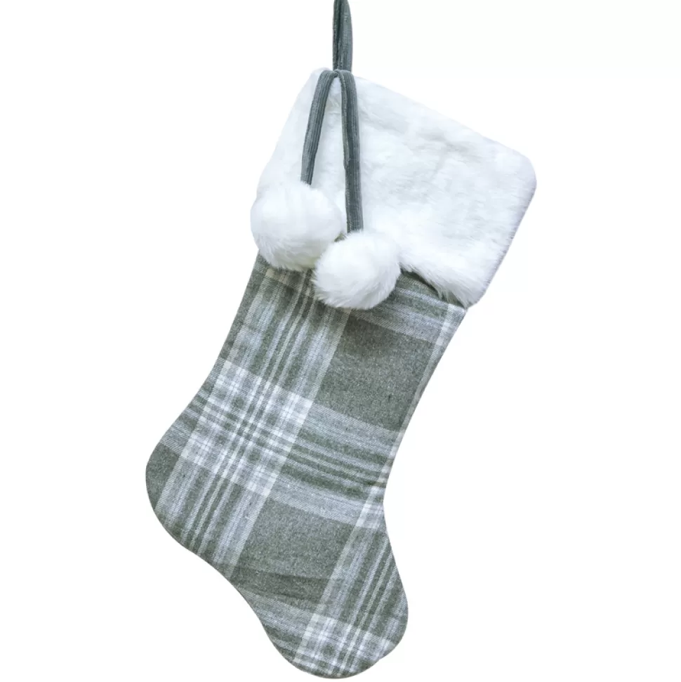 Christmas Forever STOCKING 20.5″ GRAY/WHITE PLAID W/ FAUX FUR CUFF & POM POMS