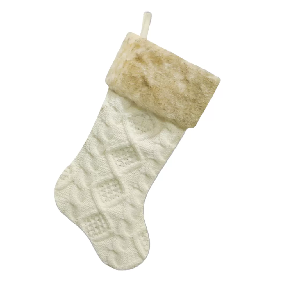 Christmas Forever STOCKING 20.5″ IVORY CABLE KNIT W/ FAUX FUR CUFF