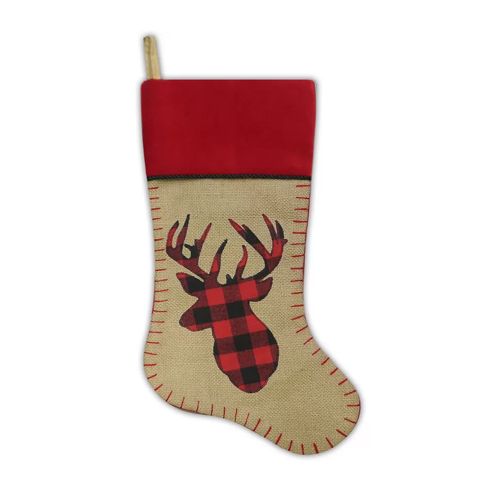 Christmas Forever STOCKING 20.5″ NAT. BURLAP W/ BLANKET STITCH, VELVET CUFF W/ CORD