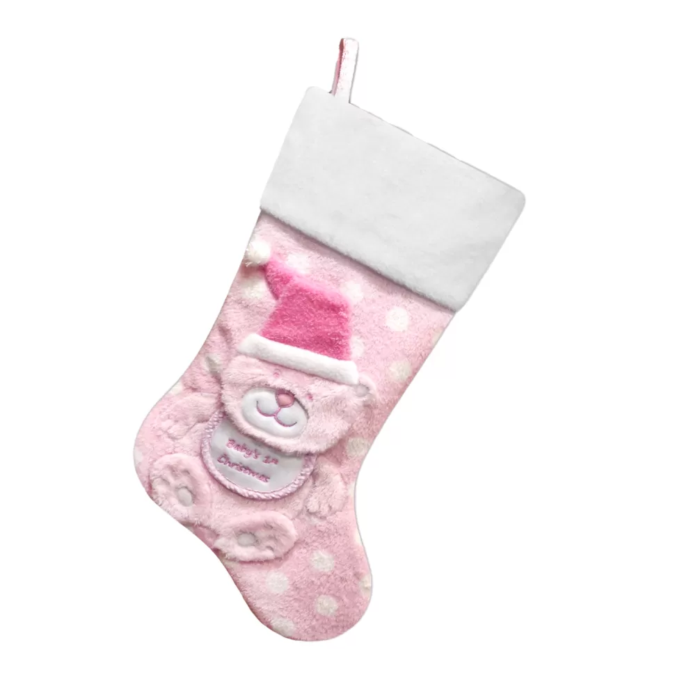 Christmas Forever STOCKING 20.5″ PINK FAUX FUR, DIMENSIONAL FAUX FUR BEAR DESIGN