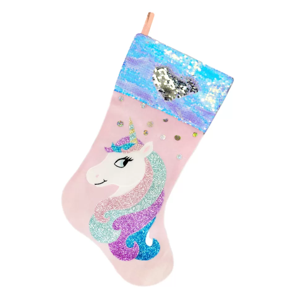 Christmas Forever STOCKING 20.5″ PINK/MULTI VELVET W/ REVERSIBLE SEQUINS CUFF, GLITTER SEQUINS, UNICORN DESIGN