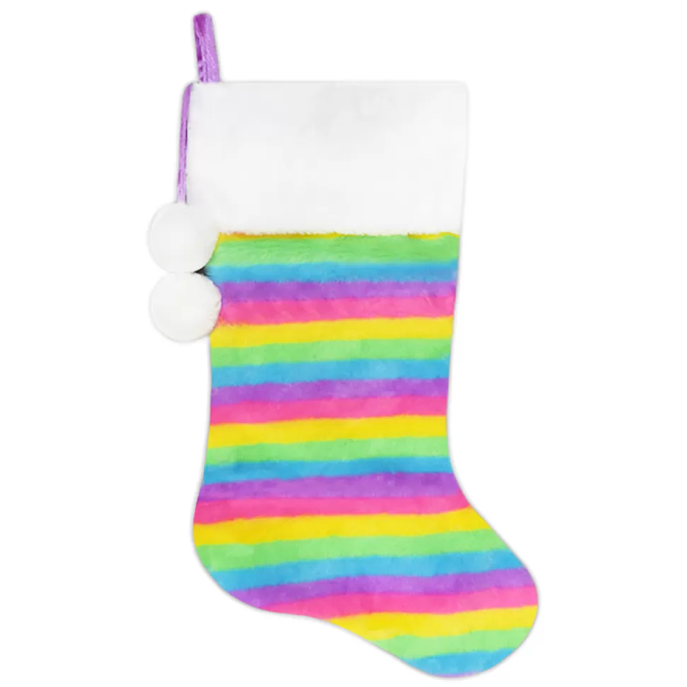 Christmas Forever STOCKING 20.5″ RAINBOW FAUX FUR WITH FAUX FUR CUFF & POMS POMS