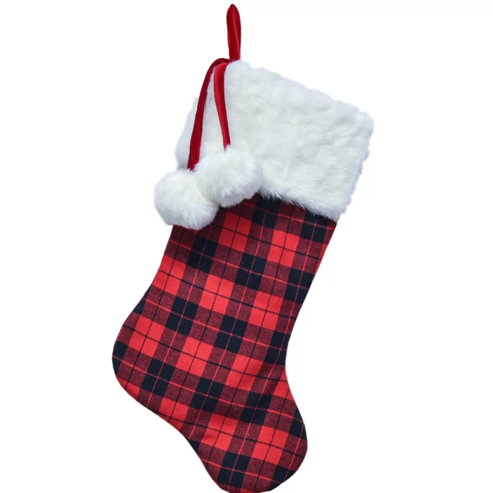 Christmas Forever STOCKING 20.5″ RED/ BLACK BUFFALO PLAID W/ FAUX FUR CUFF & POMPOMS