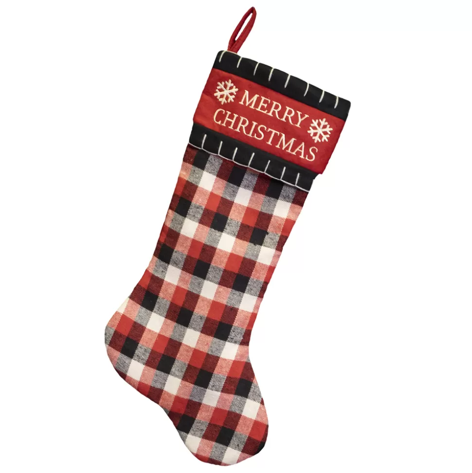 Christmas Forever STOCKING 20.5″ RED/ BLACK/ WHITE PLAID W/ MERRY CHRISTMAS EMB CUFF