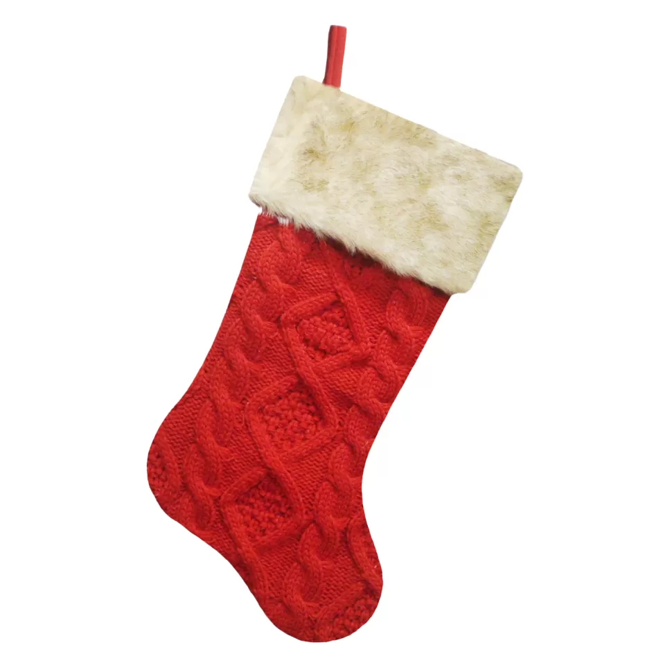 Christmas Forever STOCKING 20.5″ RED CABLE KNIT W/ FAUX FUR CUFF
