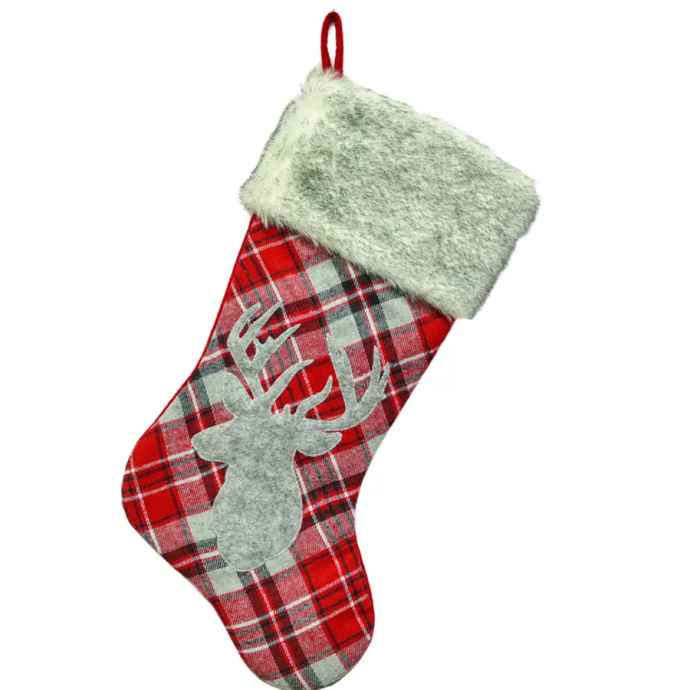 Christmas Forever STOCKING 20.5″ RED/ GRAY PLAID W/ REINDEER APPLIQUE & FAUX FUR CUFF