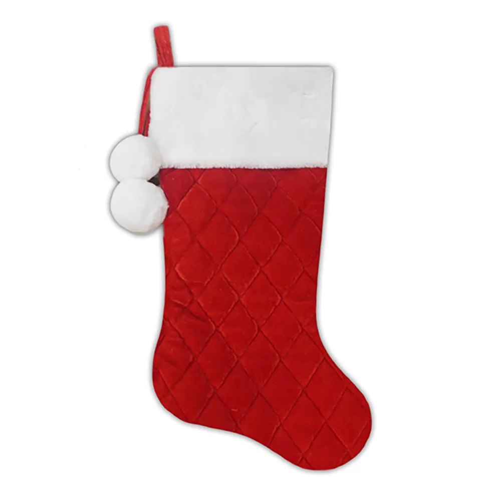 Christmas Forever STOCKING 20.5″ RED QUILTED VELVET W/ FAUX FUR CUFF & POM POMS