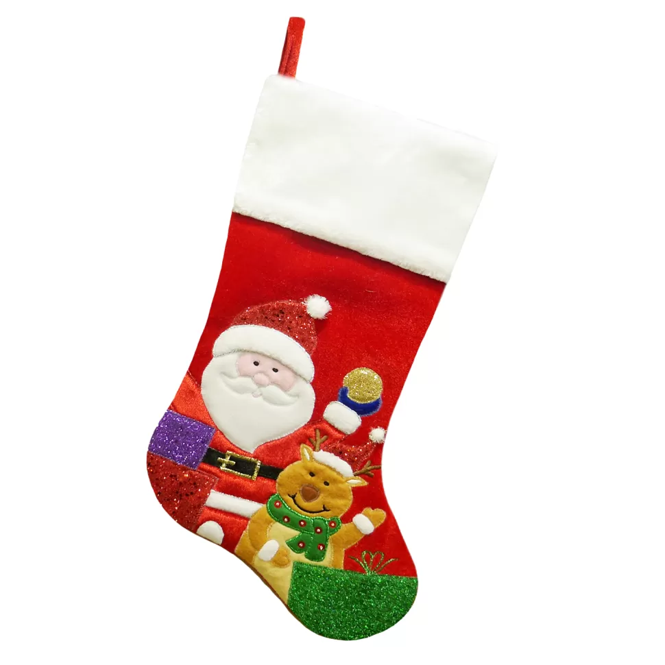Christmas Forever STOCKING 20.5″ RED VELVET W/ FAUX FUR CUFF, GLITTER SANTA & REINDEER EMBROIDERY